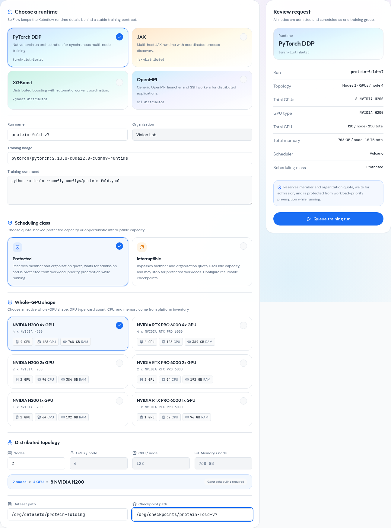 SciFlow distributed training launch builder showing runtime, scheduling class, GPU shape, topology, and request review